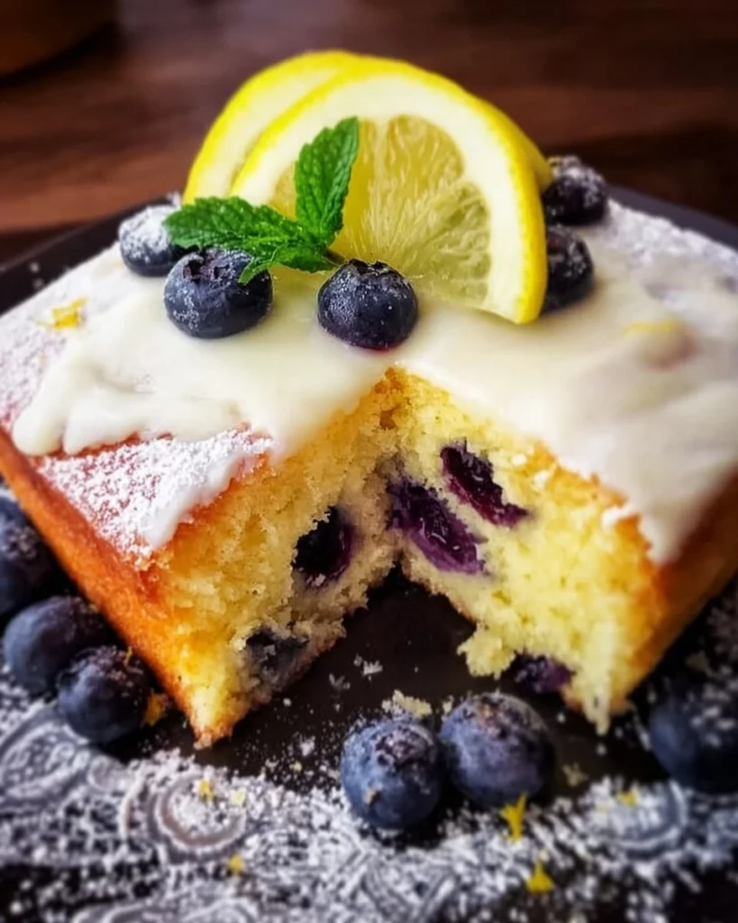 Delicious Lemon Blueberry Cake topped with fresh blueberries and lemon zest.