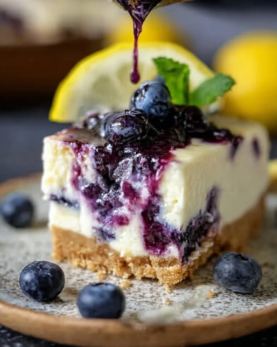 Slice of lemon blueberry cheesecake with vibrant topping and crust