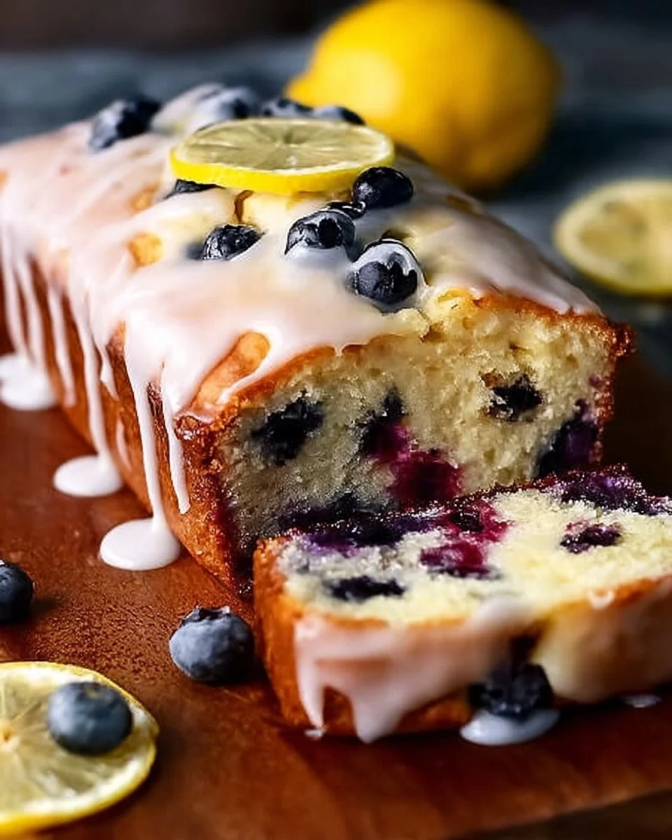 Lemon Blueberry Loaf drizzled with lemon glaze on a rustic wooden table
