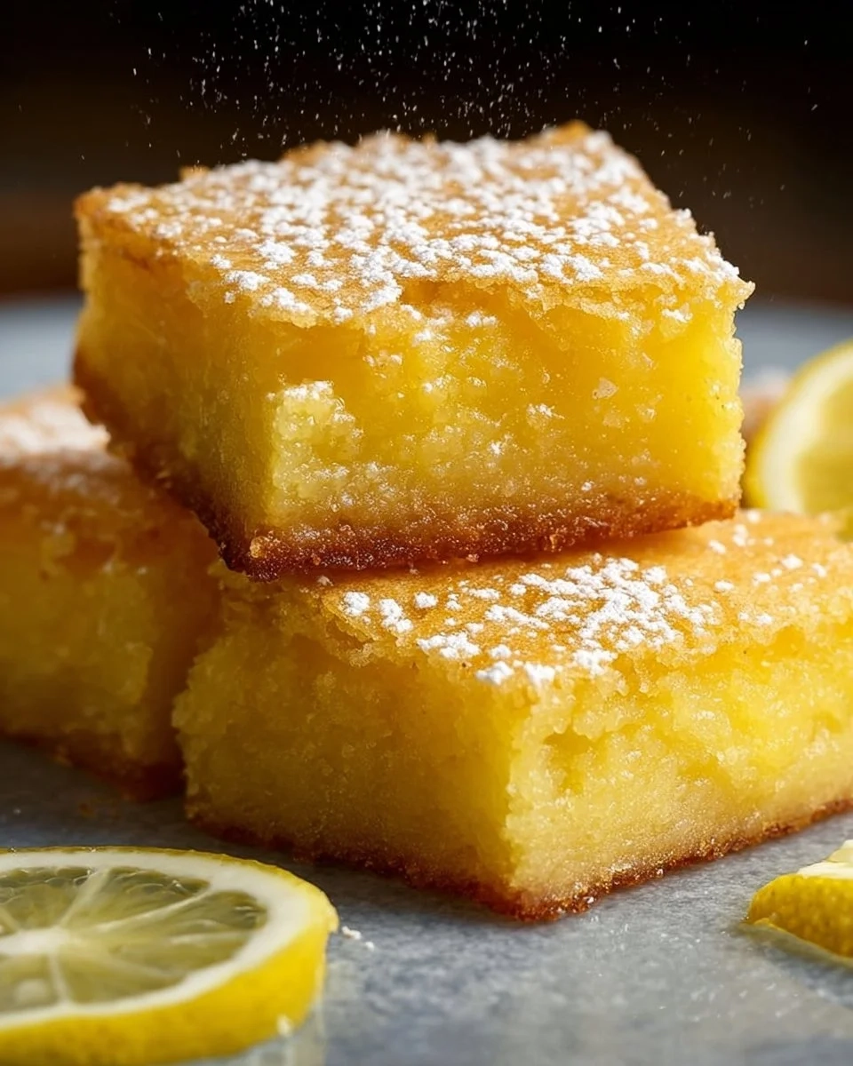 Delicious lemon brownies topped with lemon zest and powdered sugar