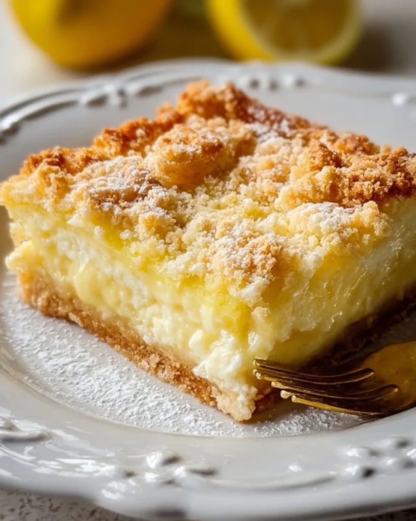 Lemon Cream Cheese Dump Cake topped with lemon zest and served in a dish
