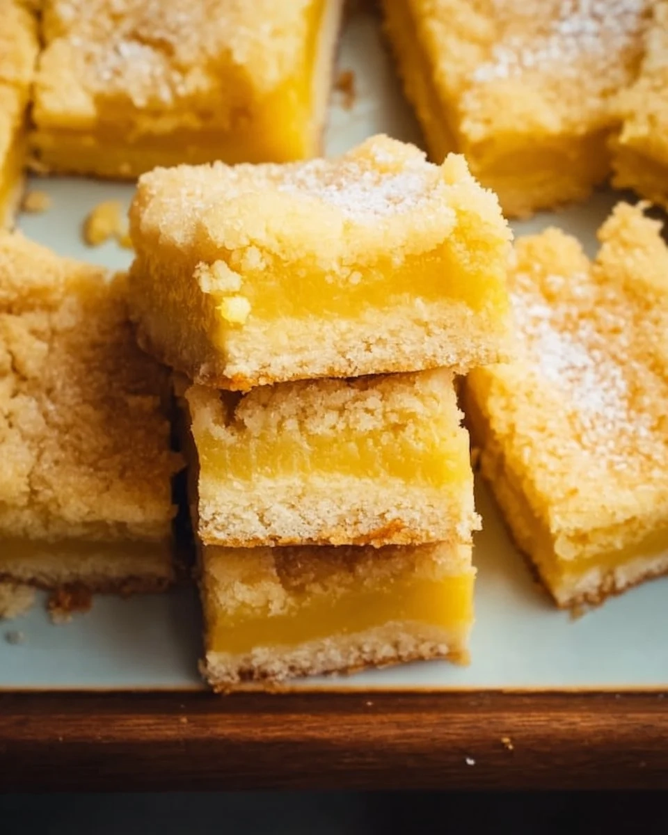 Lemon curd bars garnished with a dusting of powdered sugar on a white plate