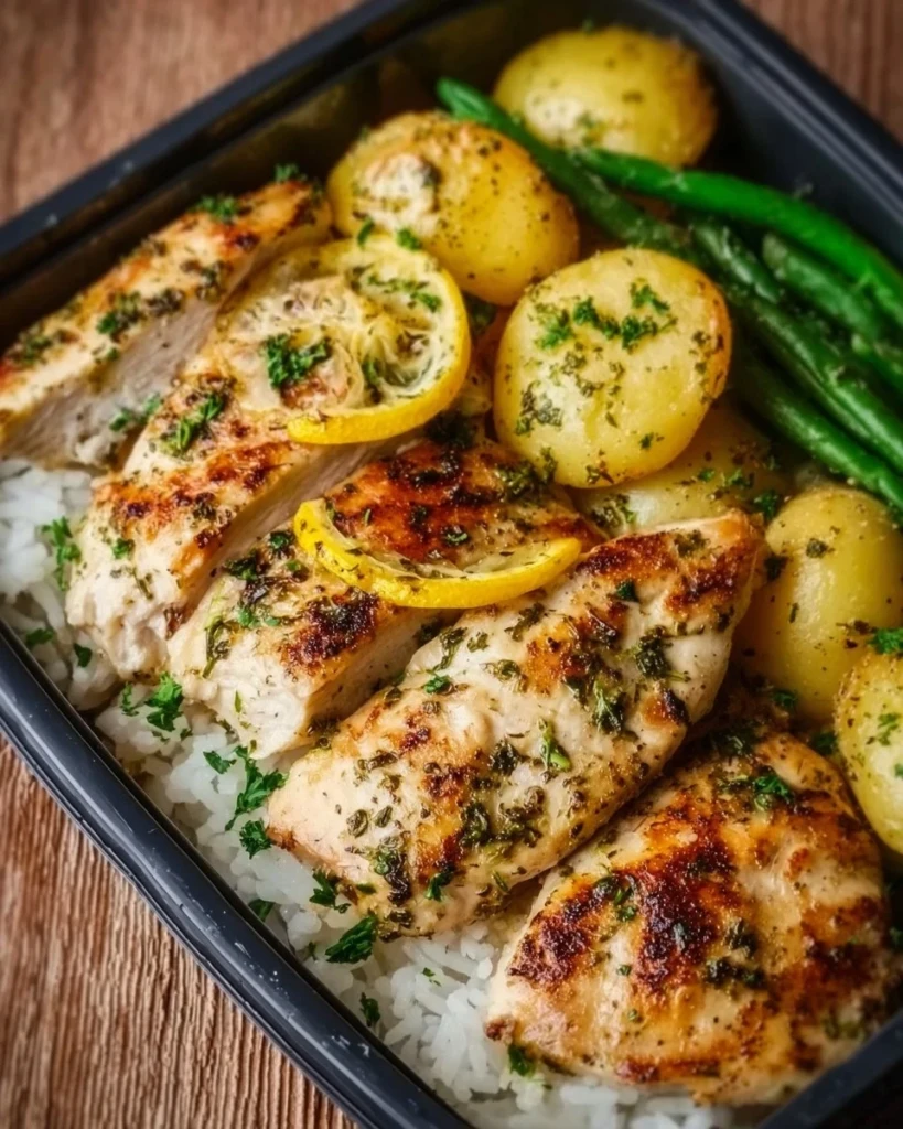 Lemon garlic chicken meal prep with vegetables in a container