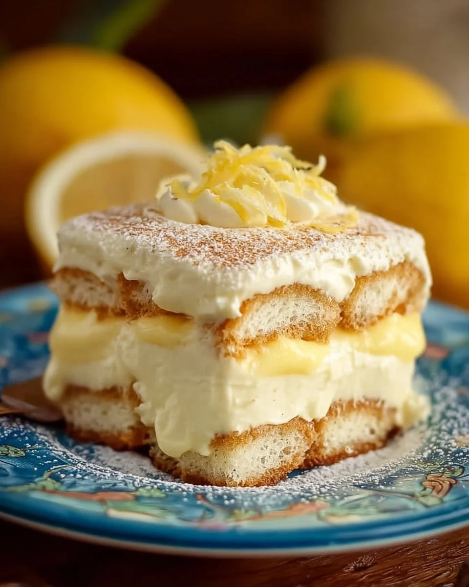 Lemon Limoncello Tiramisu dessert on a plate with a lemon garnish