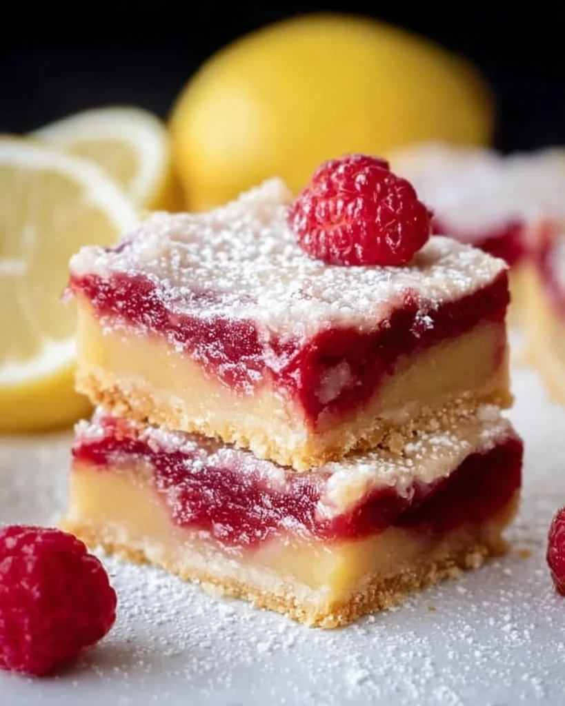 Delicious lemon raspberry bars with a vibrant lemon topping and raspberry filling