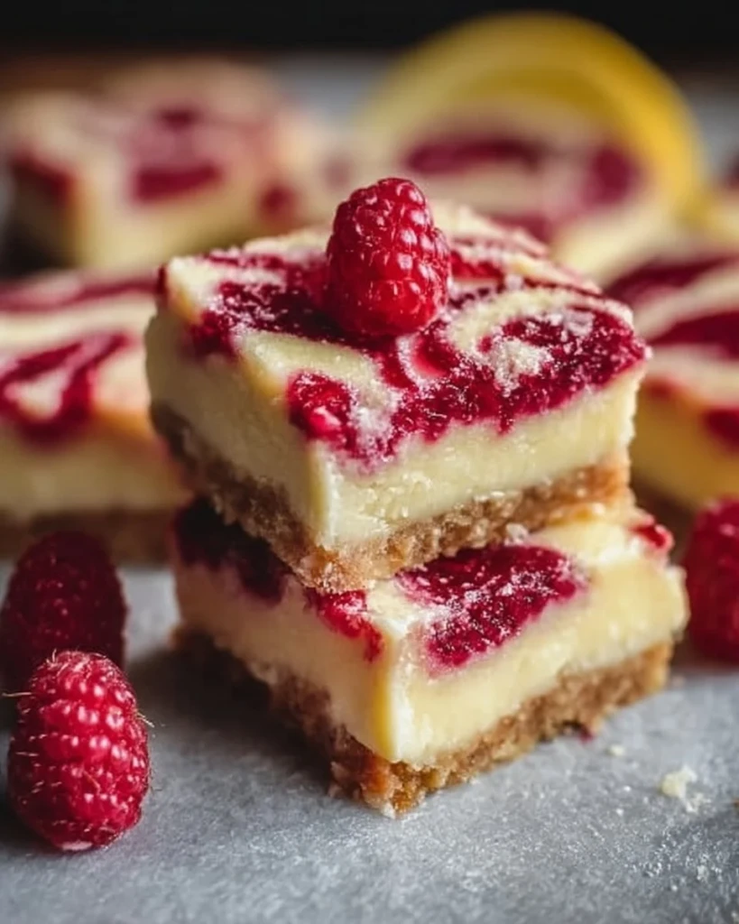 Delicious Lemon Raspberry Swirl Bars with vibrant colors and swirled patterns.
