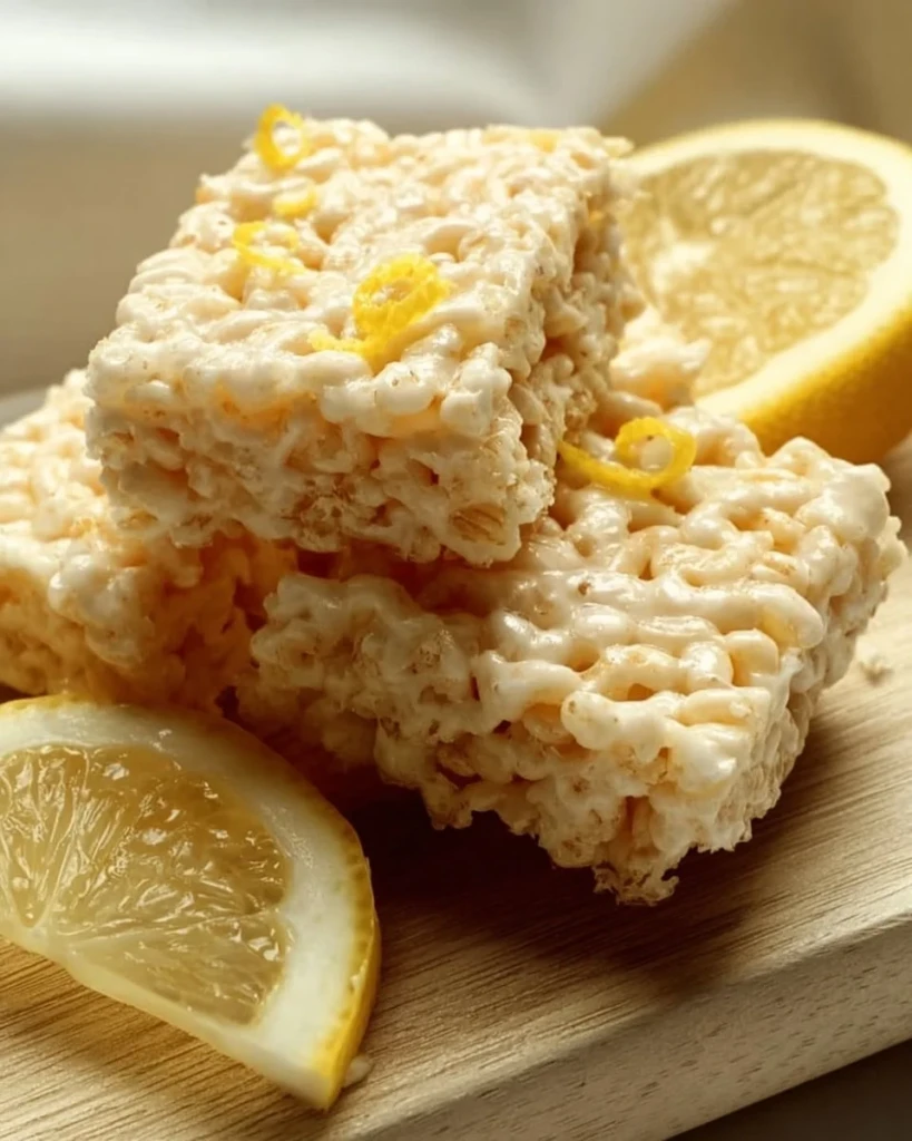 Lemon Rice Krispy Treats stacked on a plate with lemon zest garnish