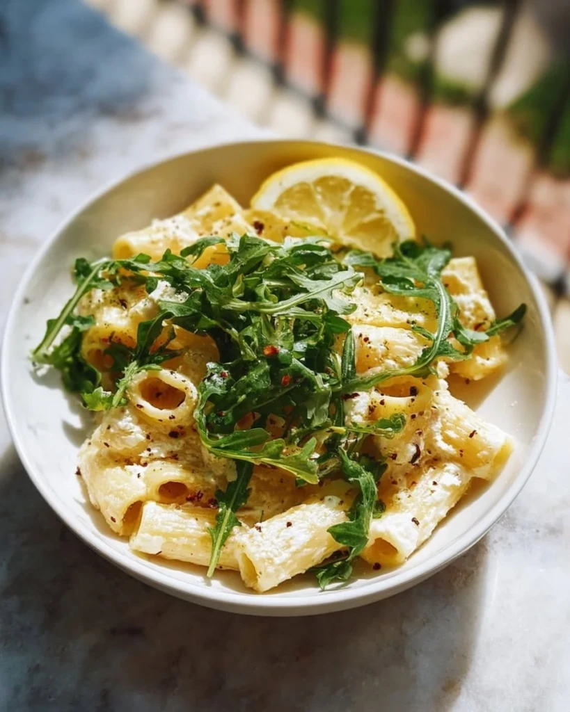 Delicious Lemon Ricotta Pasta with Arugula served in a bowl.