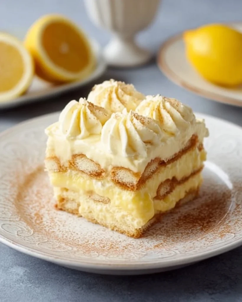 Delicious lemon tiramisu dessert with citrus flavor layers and coffee-soaked ladyfingers