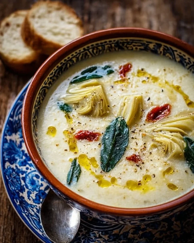 A bowl of Lemony Tuscan Artichoke Soup garnished with fresh herbs