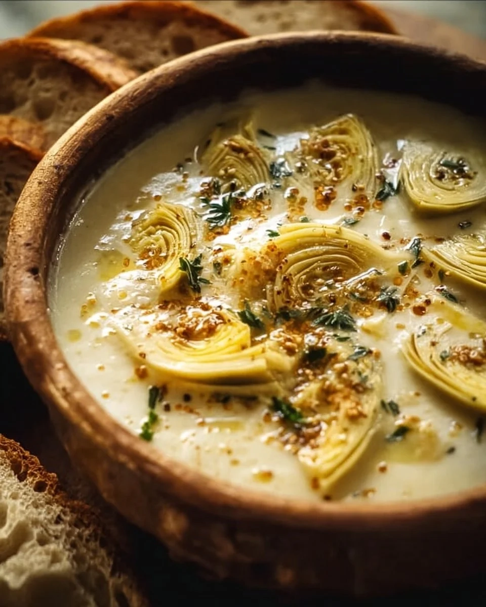 Bowl of Lemony Tuscan Artichoke Soup with fresh herbs and lemon slices