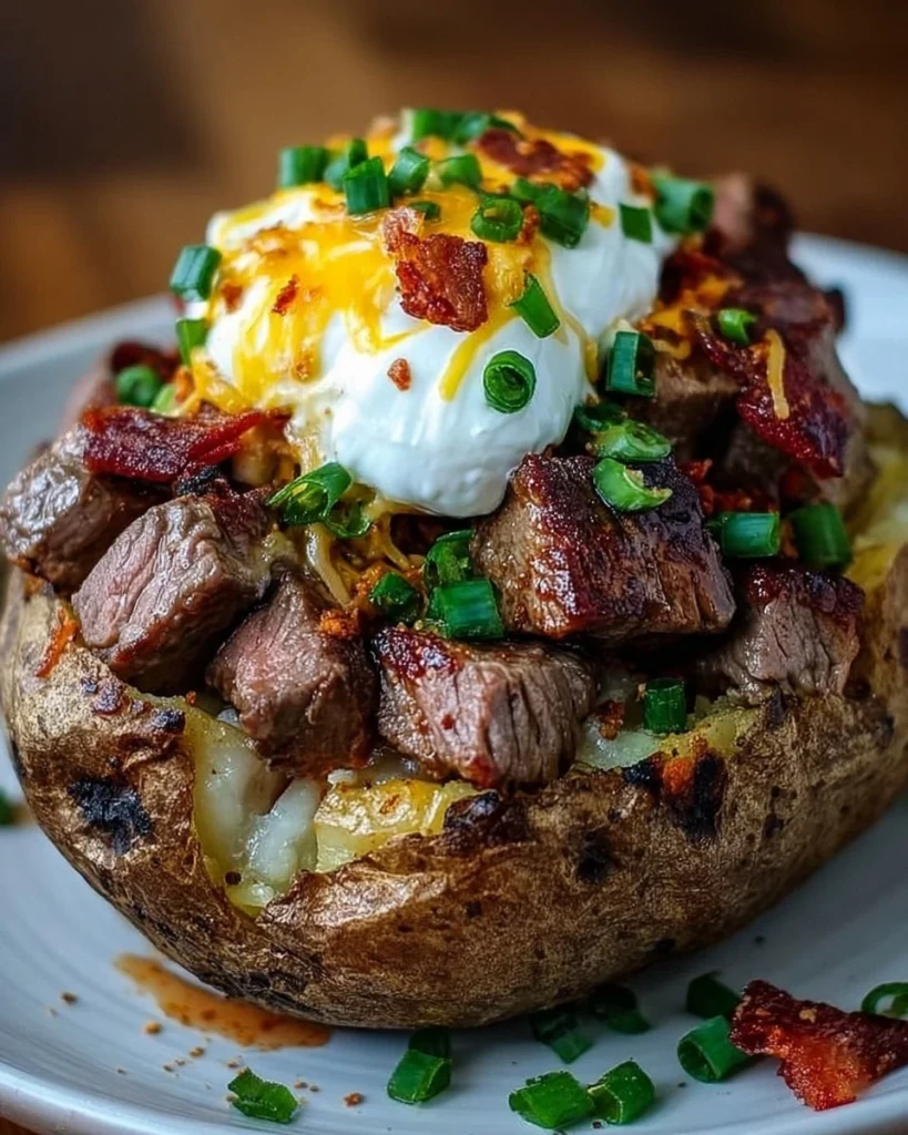 Loaded baked potato topped with steak bites, cheese, and green onions.
