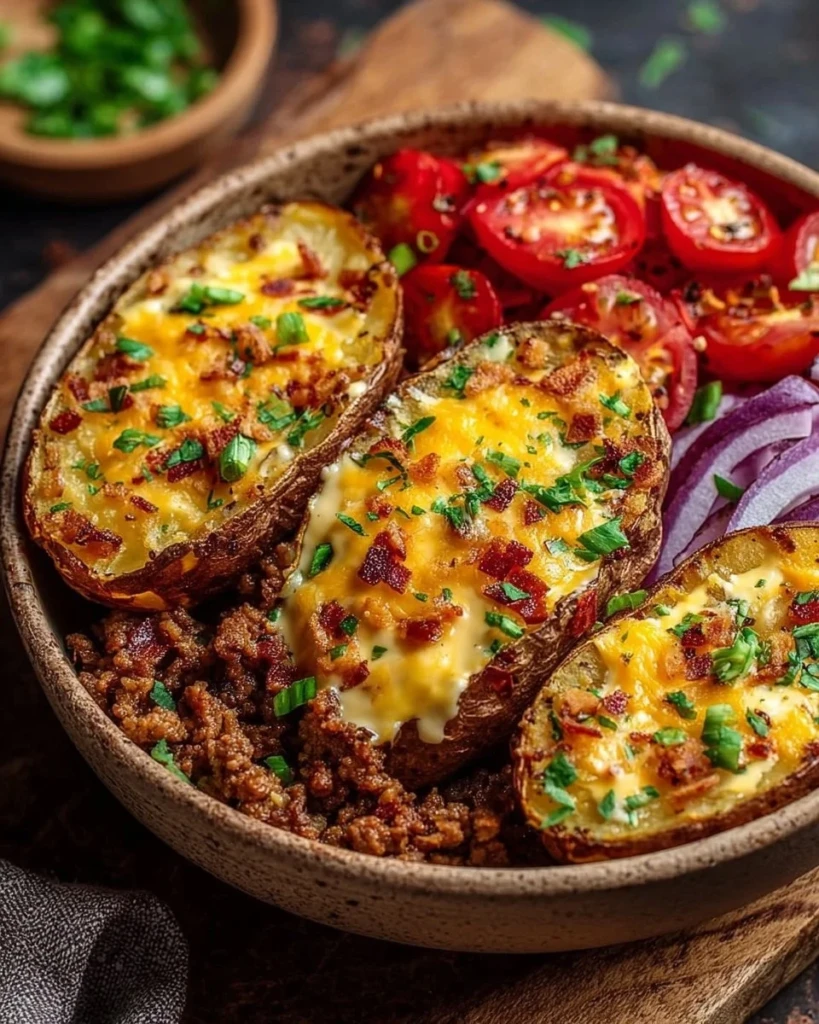 Loaded Fiesta Potato Bowls topped with cheese and fresh ingredients