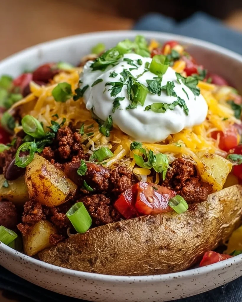 Loaded Potato Taco Bowl with toppings in a colorful dish