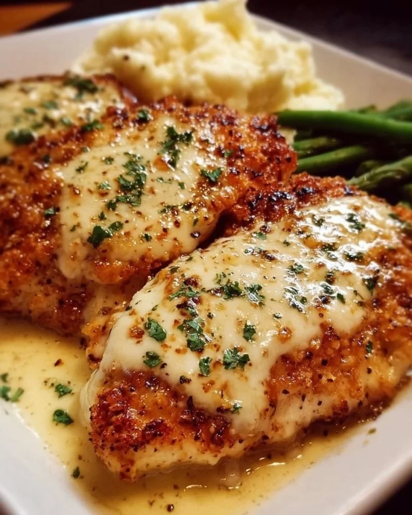 Delicious Parmesan Chicken at Longhorn Steakhouse served with fresh herbs.