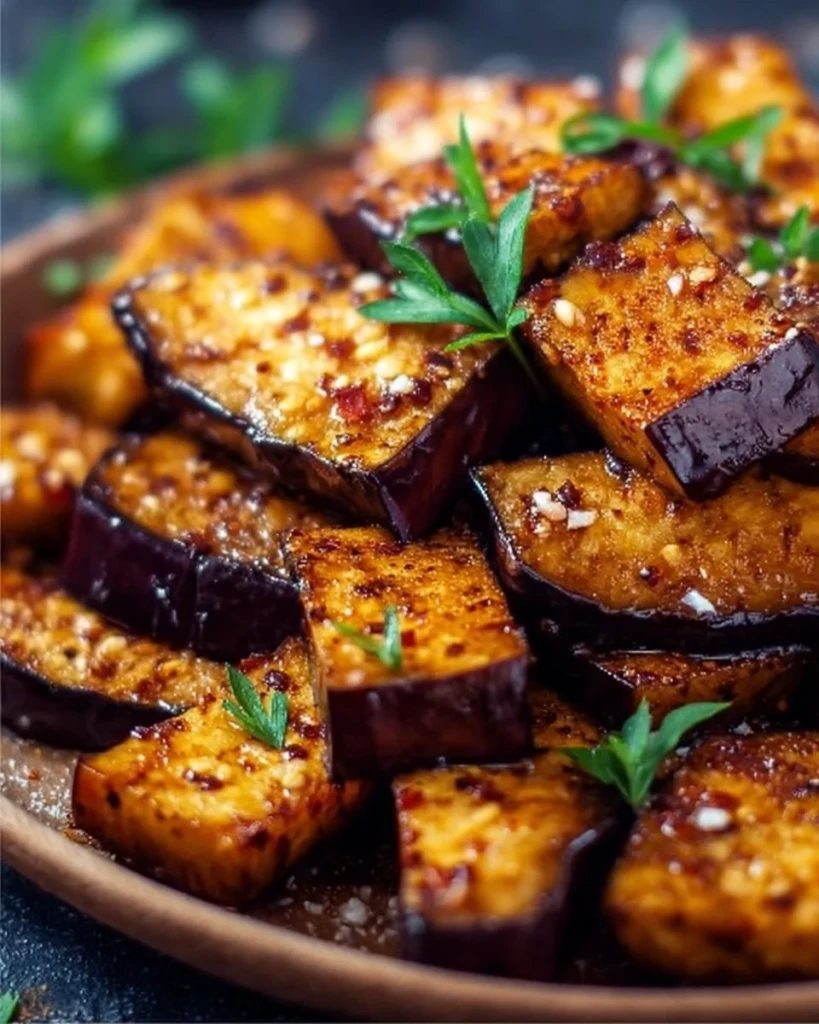 Low-calorie air fryer eggplant dish served on a plate
