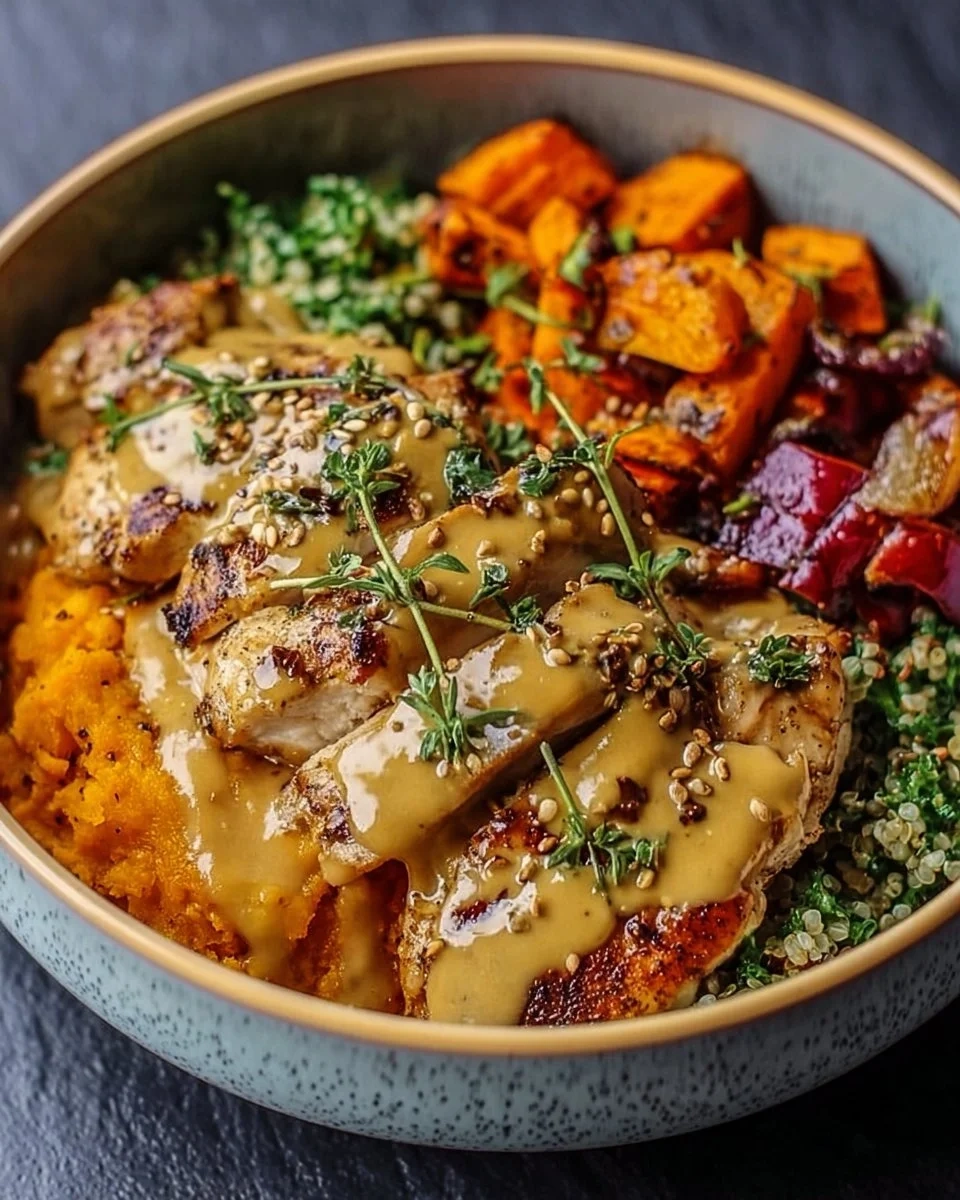 Delicious Maple Dijon Chicken served with sweet potato in a comforting bowl.
