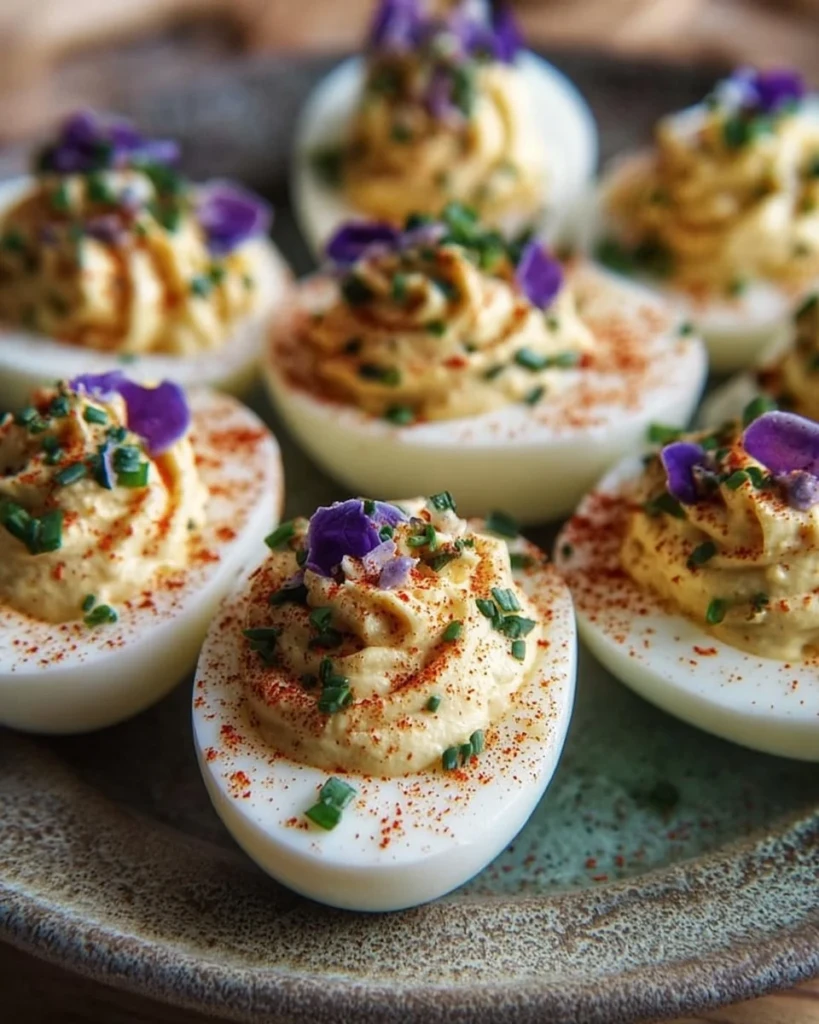 Mardi Gras Deviled Eggs served on a colorful platter with festive decorations.
