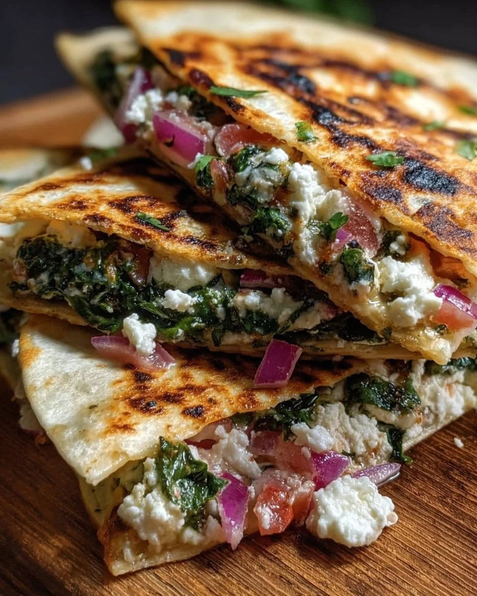 Close-up of Mediterranean Quesadillas with spinach, feta, mozzarella, and red onion.