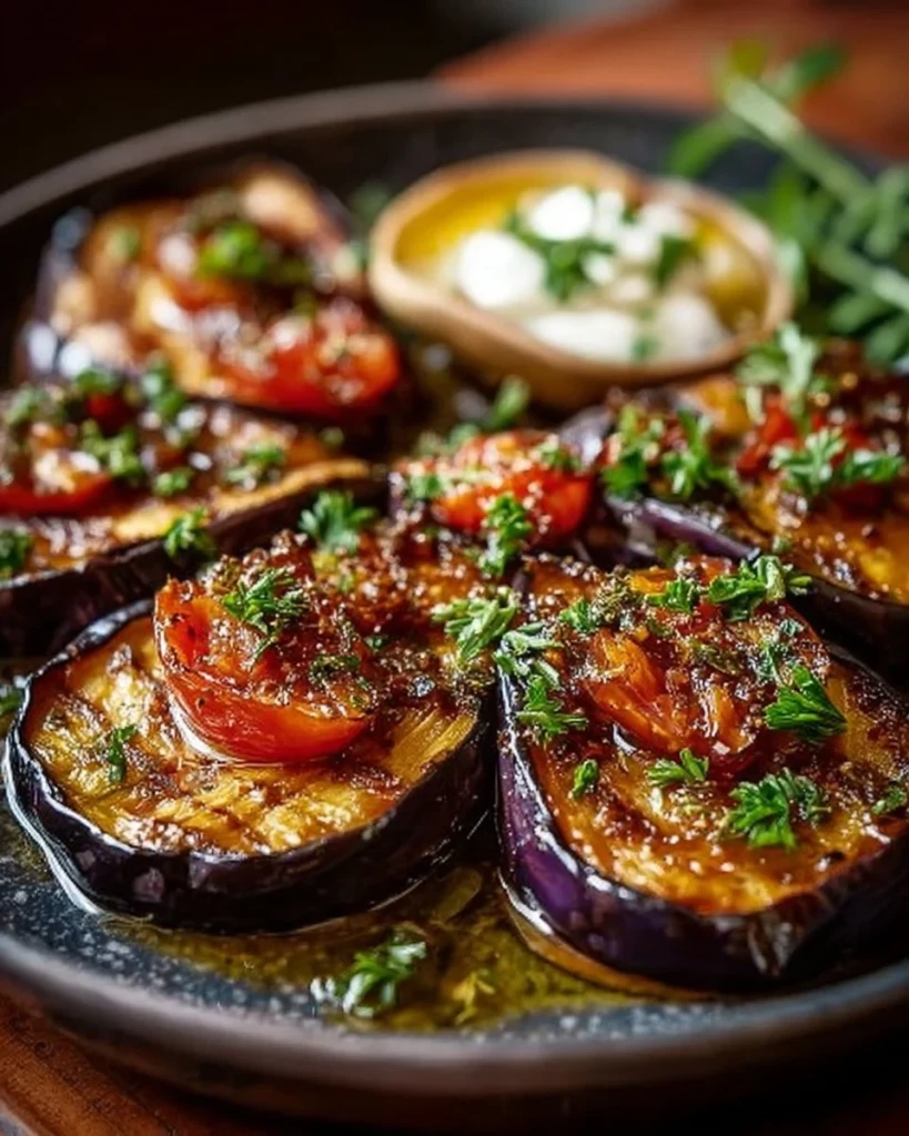 Mediterranean roasted eggplant with herbs and spices served on a plate