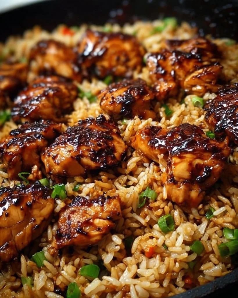One-Pan Honey BBQ Chicken Rice served on a plate with fresh herbs