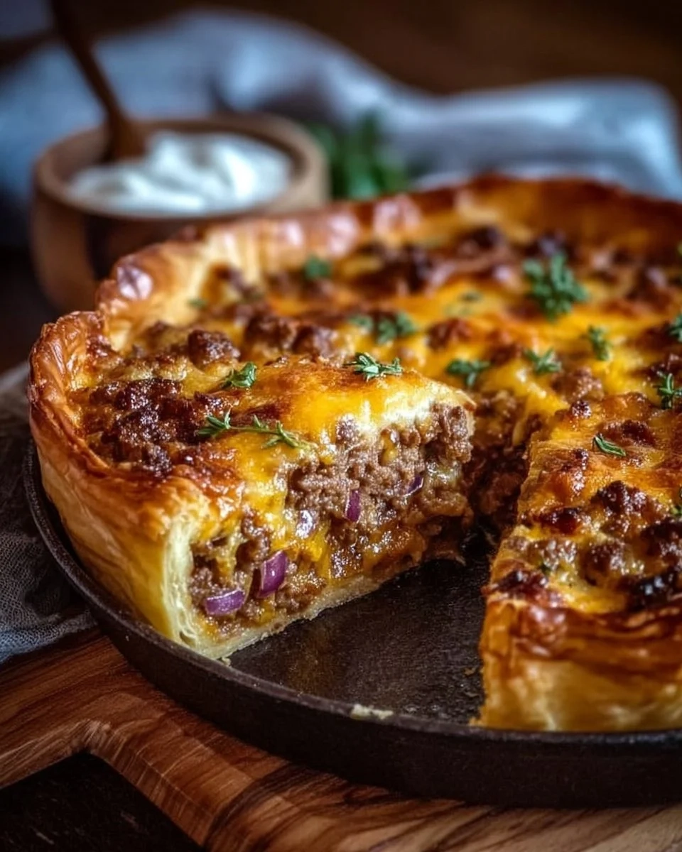 One-Pan Cheeseburger Pie Dinner ready to serve in a skillet
