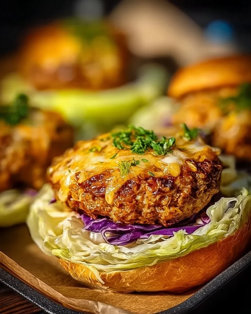Oven-baked cabbage burgers served on a plate with fresh toppings