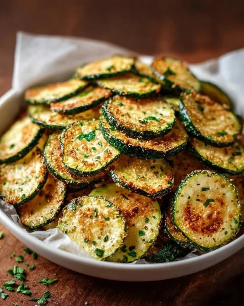 Plate of crispy oven-baked zucchini chips on a wooden table