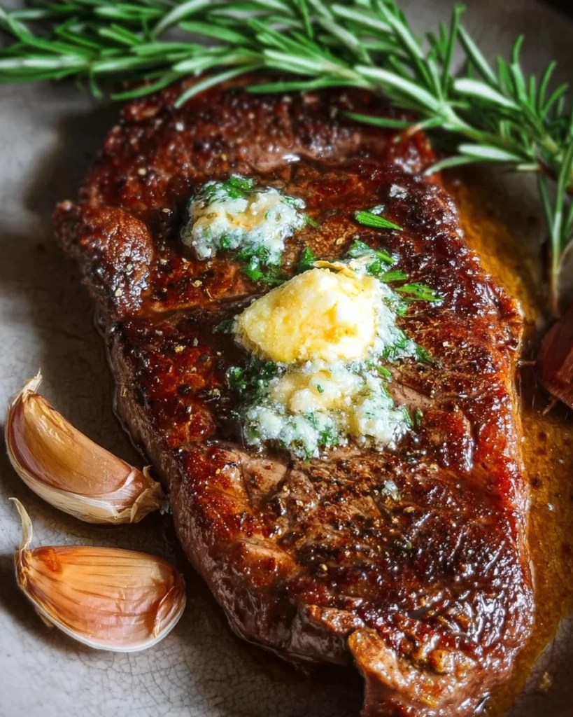 Delicious pan-seared steak topped with garlic butter on a white plate