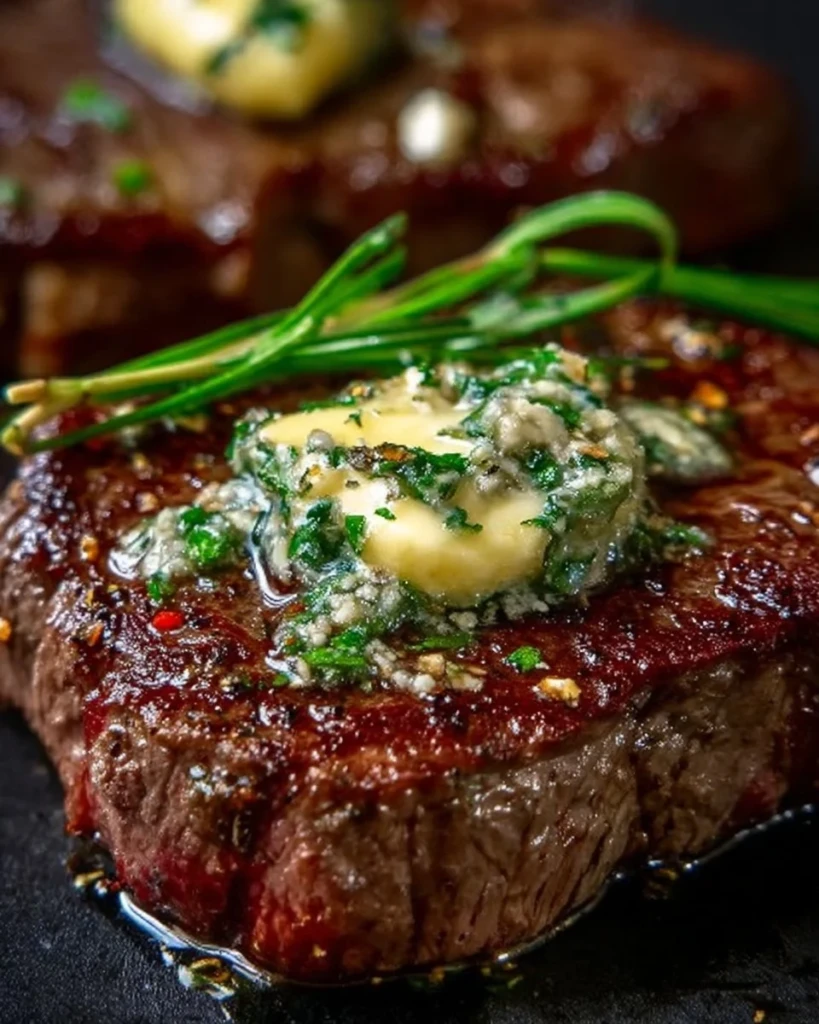 Juicy pan seared steak with garlic butter served on a plate