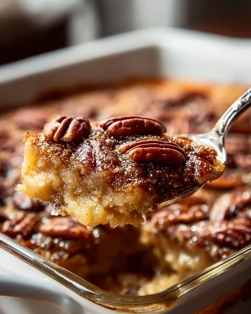 Delicious pecan pie dump cake served warm with a drizzle of caramel.