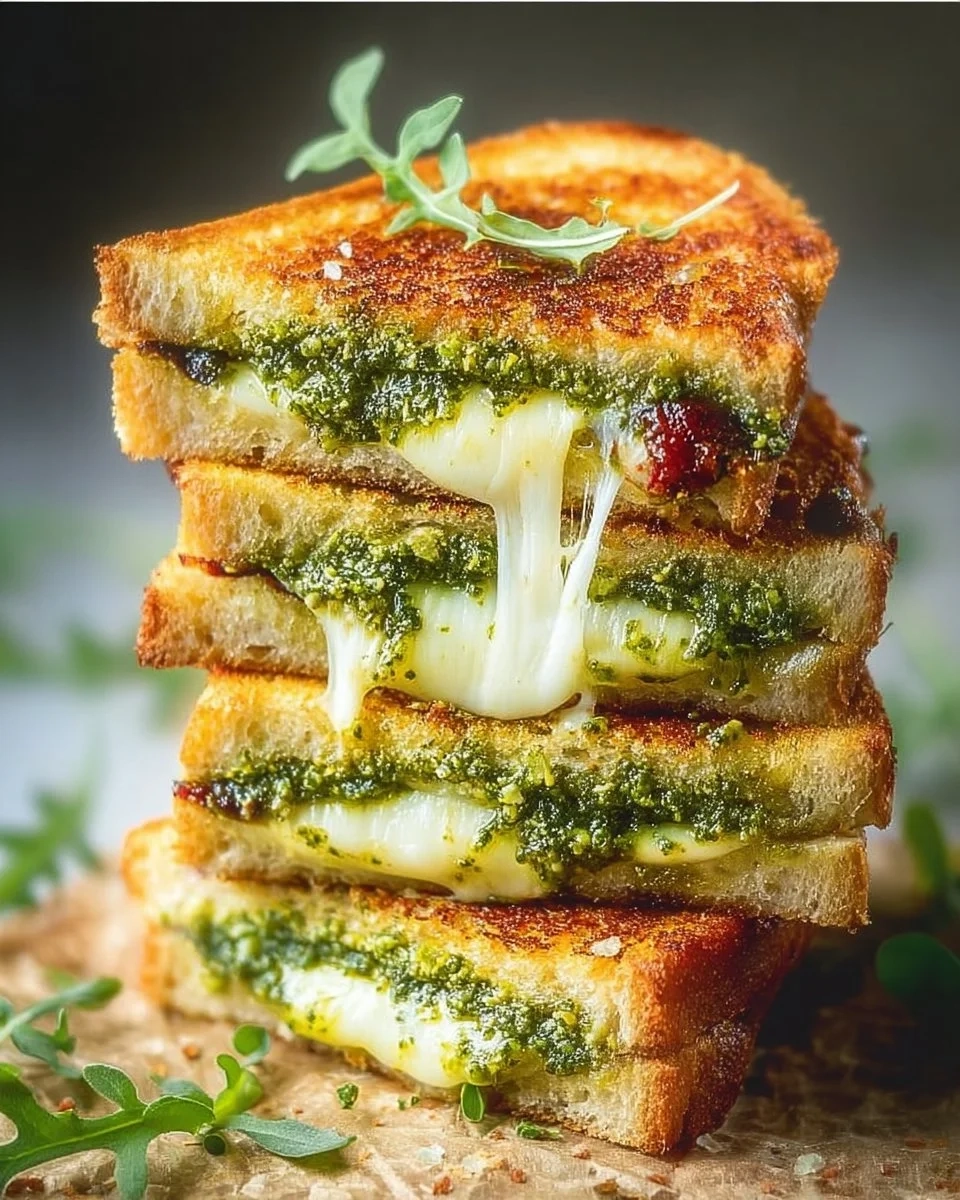 Mouthwatering pesto grilled cheese sandwich with fresh ingredients