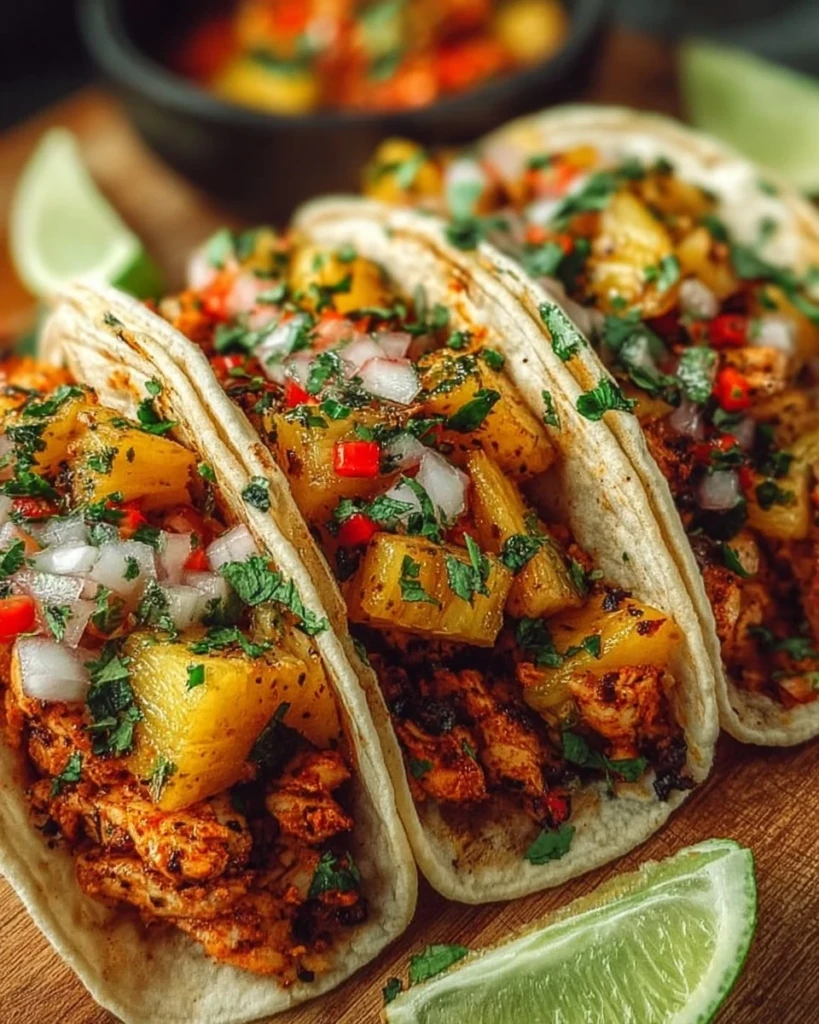 Delicious Pineapple Chicken Tacos served with fresh toppings
