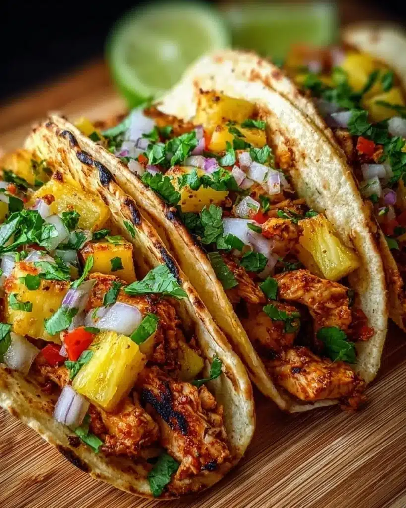Delicious Pineapple Chicken Tacos served with fresh toppings