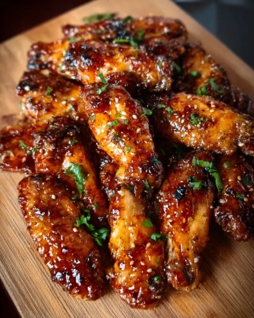 Pineapple-teriyaki chicken wings garnished and ready to serve