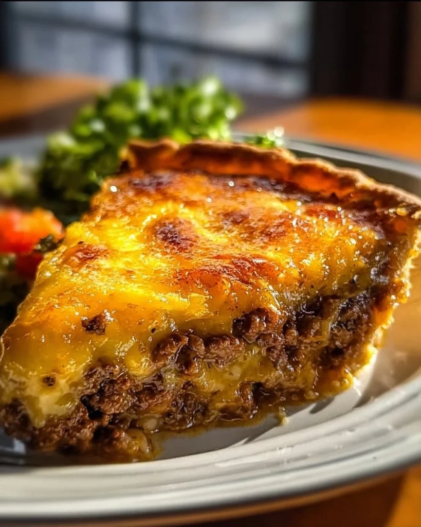 Delicious cheeseburger pie topped with melted cheese and herbs