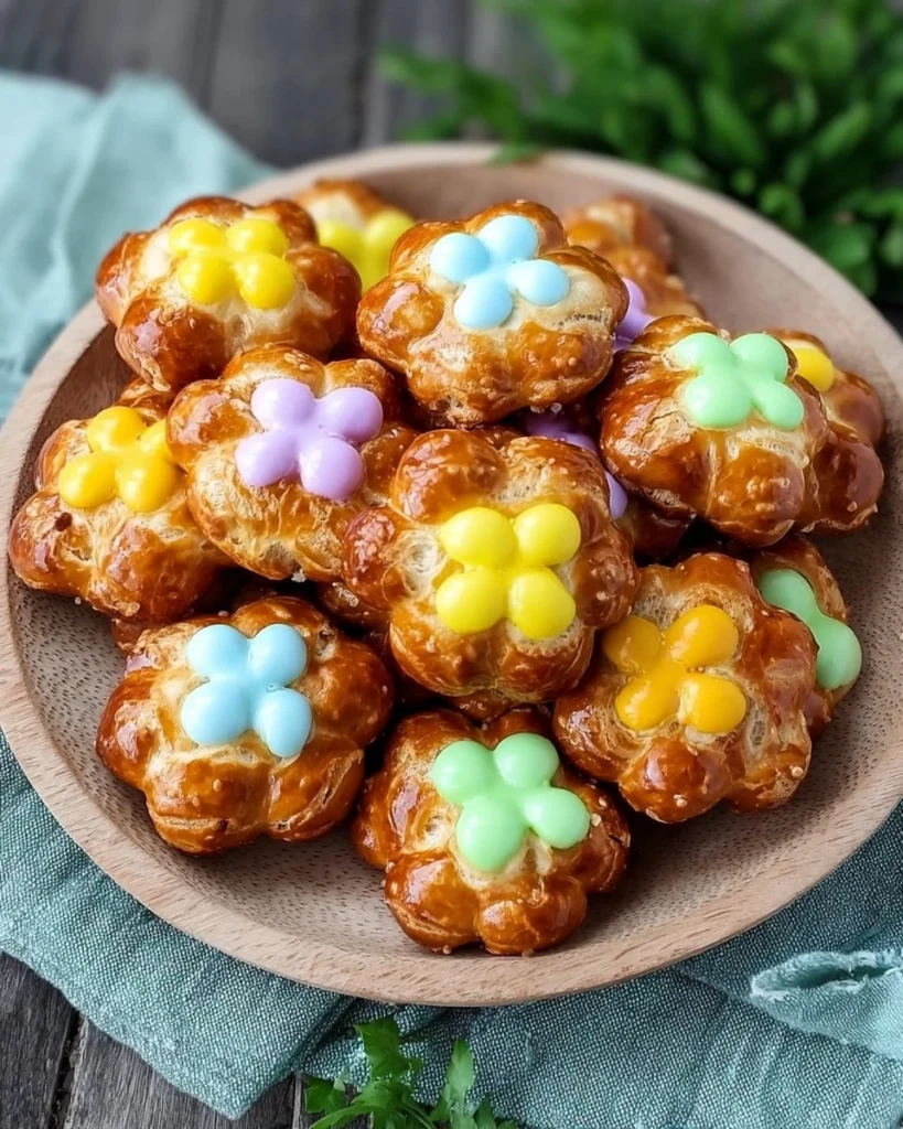 Colorful flower-shaped pretzel bites on a plate for a tasty snack