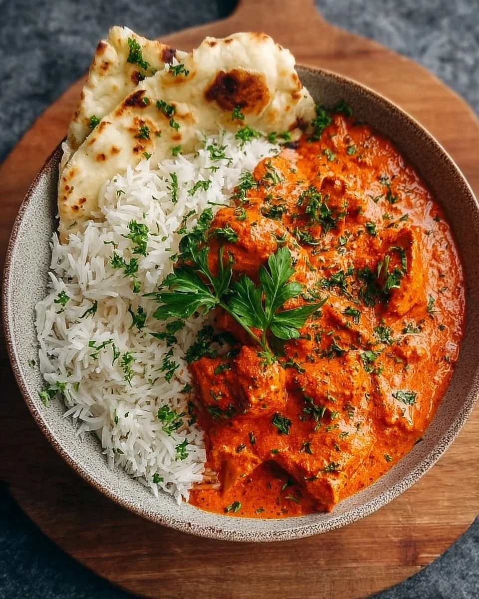 Delicious homemade butter chicken served with rice and cilantro garnish.