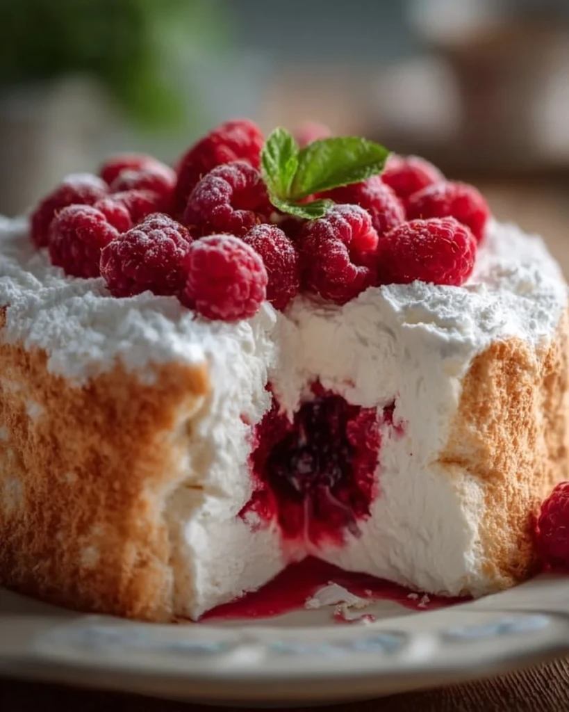 Fluffy Raspberry Angel Food Cake topped with fresh raspberries and whipped cream