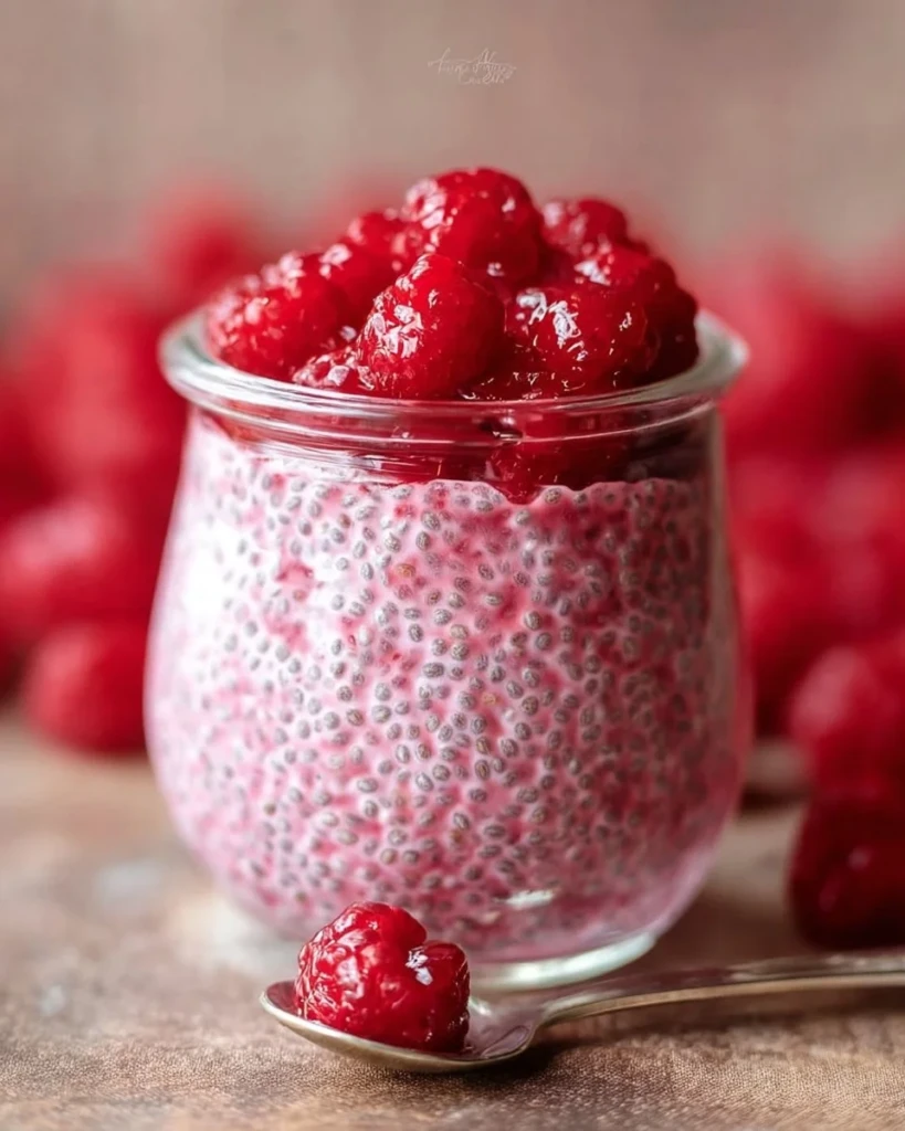 Delicious Raspberry Chia Pudding topped with fresh raspberries and maple syrup