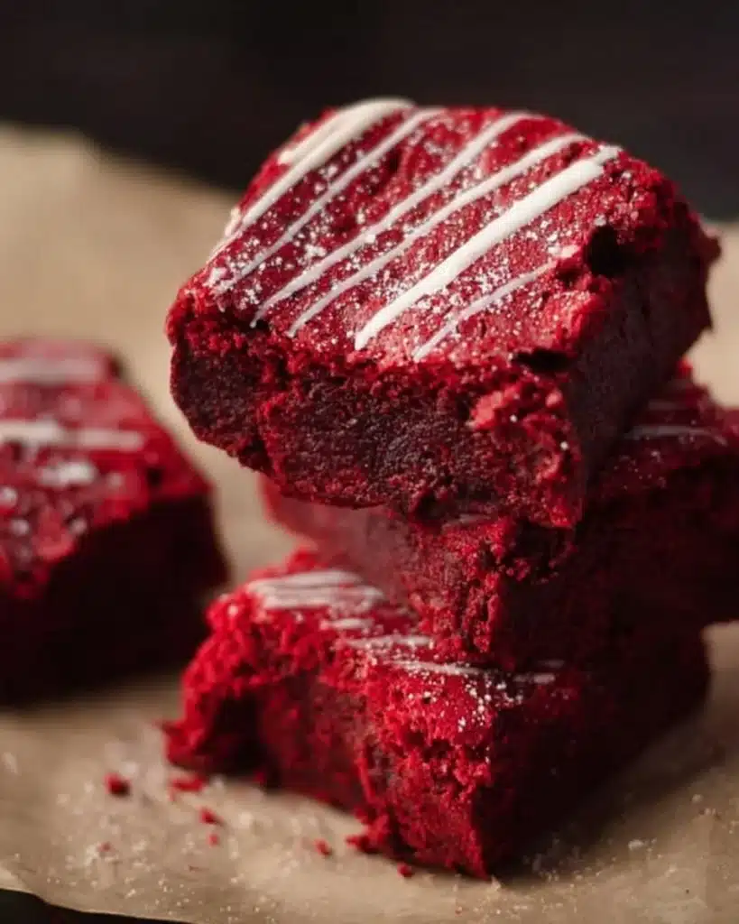 Delicious Red Velvet Brownies topped with cream cheese frosting on a plate.