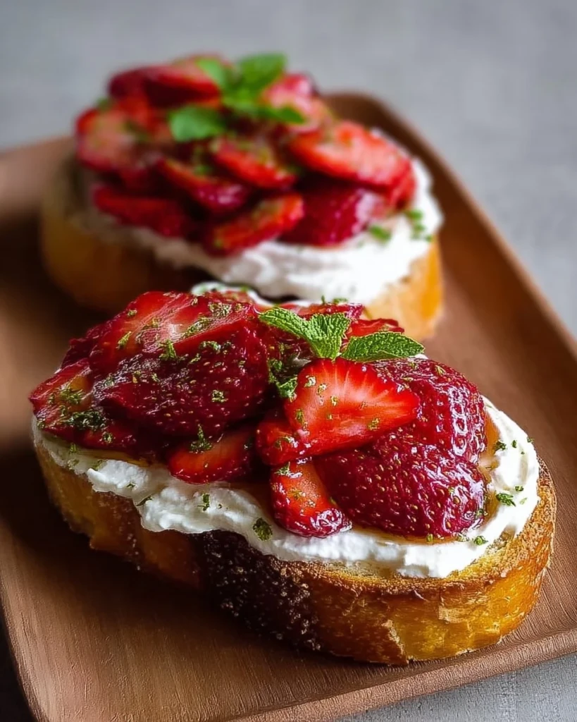 Roasted strawberry whipped ricotta toast topped with fresh strawberries and mint