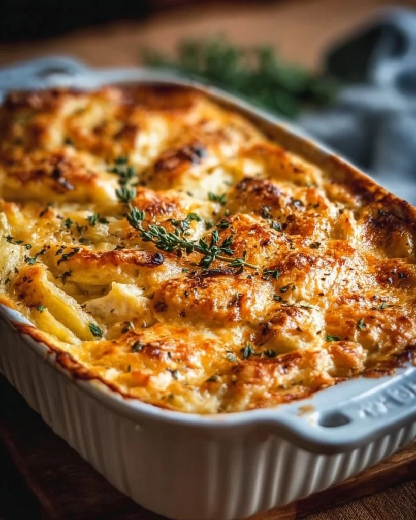 Delicious rotisserie chicken casserole topped with cheese and herbs