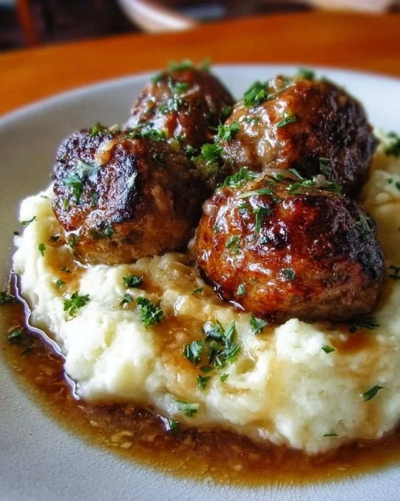 Salisbury steak meatballs served on a plate with garlic herb mashed potatoes.