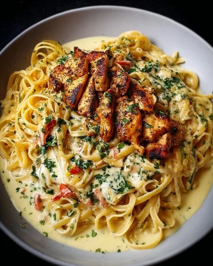 Delicious Cajun chicken served with creamy garlic parmesan linguine on a plate.