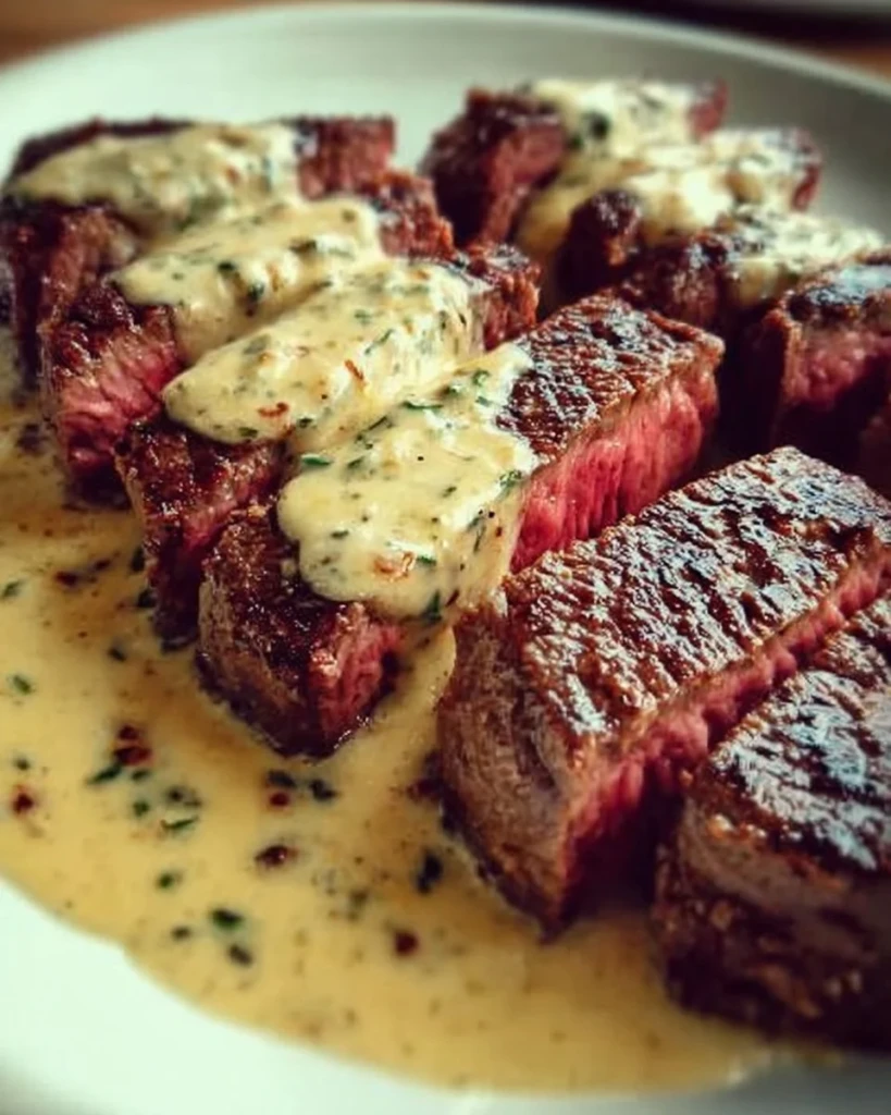 Seared steak topped with creamy garlic sauce on a plate