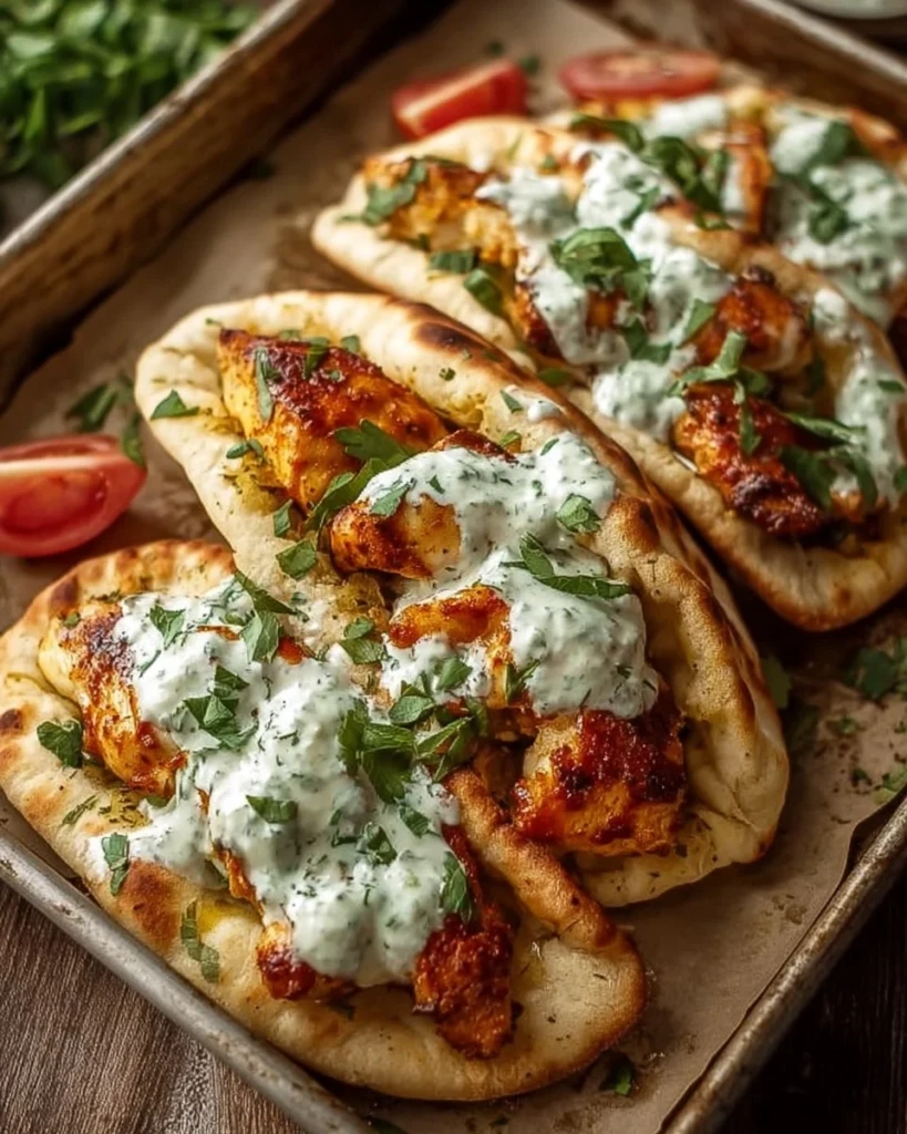 Sheet Pan Chicken Pitas topped with Herby Ranch dressing on a serving platter.