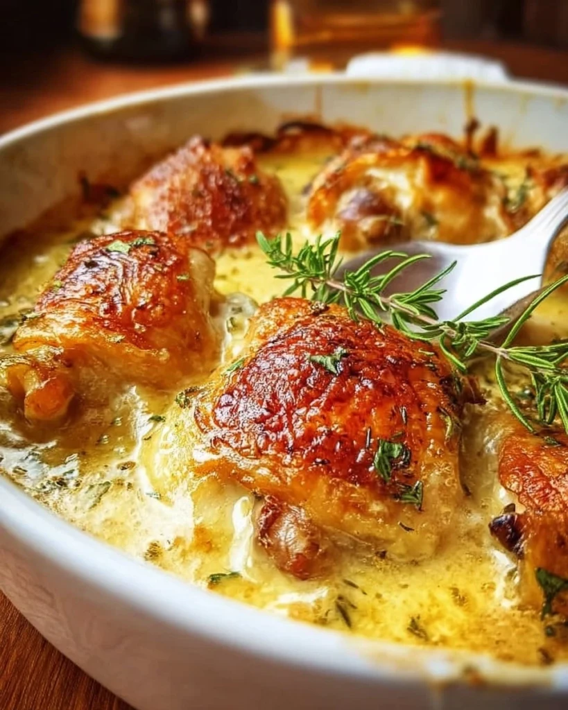 Delicious simple French chicken casserole served in a rustic dish