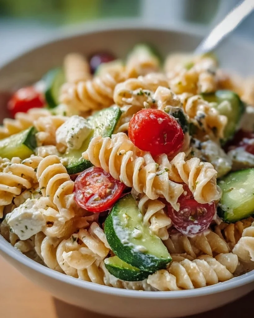 Simple high protein pasta salad with colorful vegetables and protein-rich ingredients