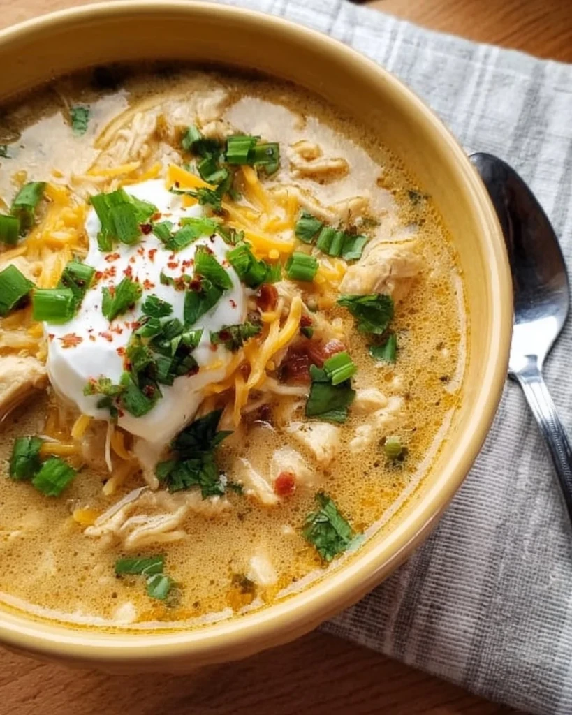 Bowl of Simple Keto White Chicken Chili with toppings
